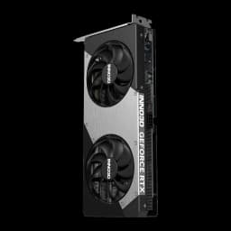 Inno3D GeForce RTX 5060 Ti 8GB TWIN X2 negro gris, vista lateral vertical: conector de alimentación visible, shroud plateado