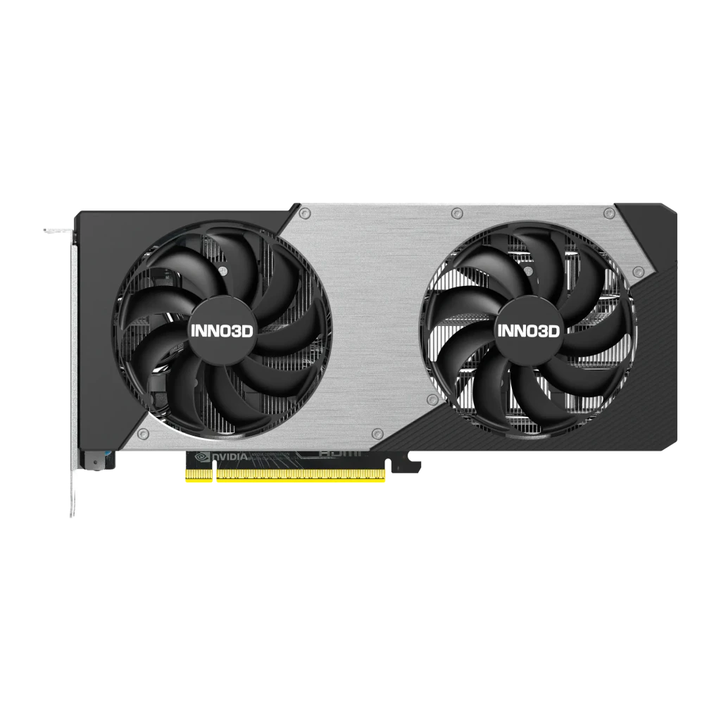 Inno3D GeForce RTX 5060 Ti 8GB TWIN X2 negro gris, kit con caja: tarjeta gráfica en ángulo frontal junto a caja negra Twin - Ítem1