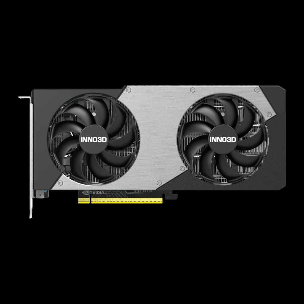 Inno3D GeForce RTX 5060 Ti 8GB TWIN X2 negro gris, vista frontal: dos ventiladores con logo INNO3D, shroud plateado y negro