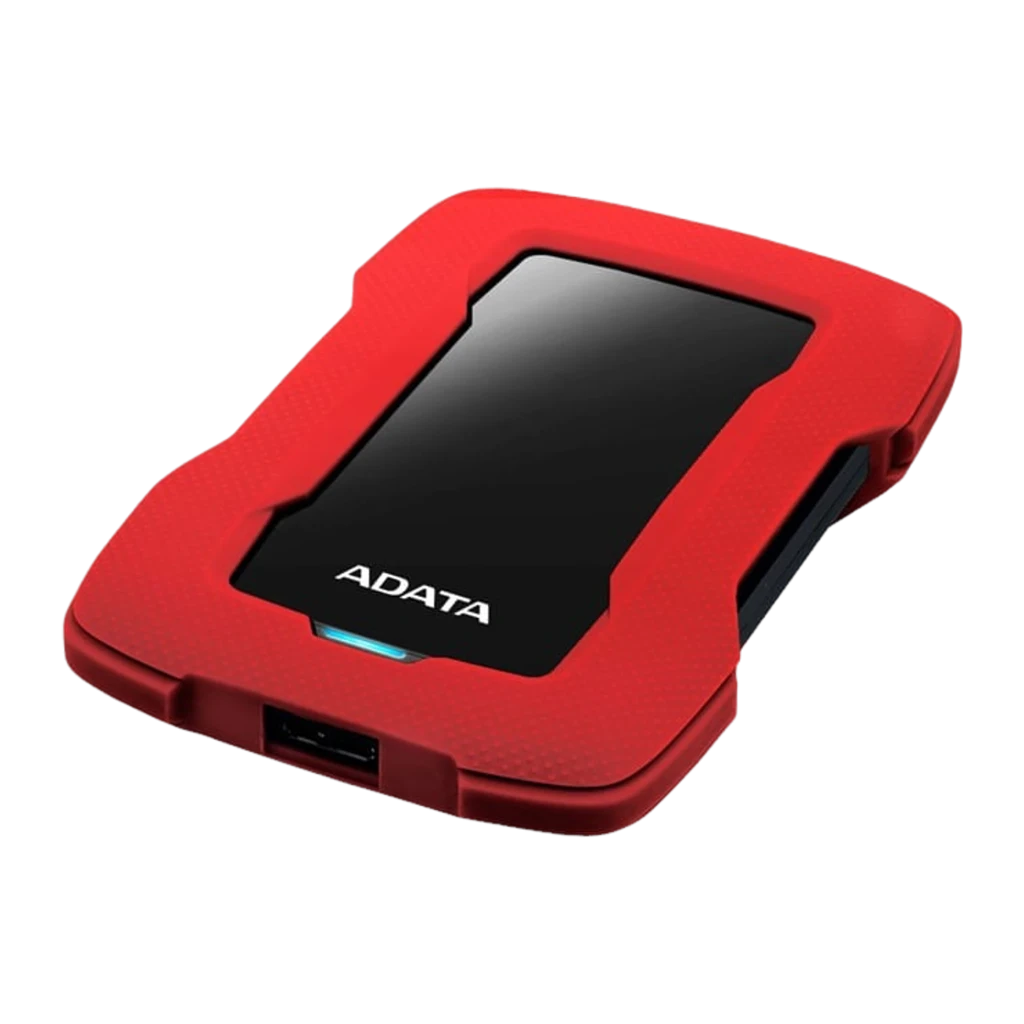 ADATA HD330 2TB rouge, vue de face: coque protectrice rouge texturée, panneau noir avec logo et LED bleue - Ítem1