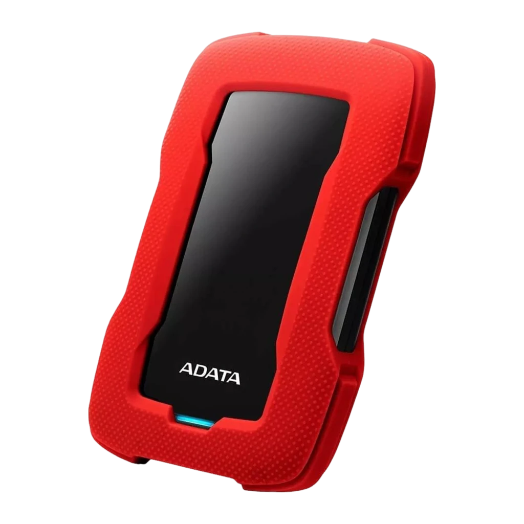 ADATA HD330 2TB rouge, vue de face: coque protectrice rouge texturée, panneau noir avec logo et LED bleue - Ítem2