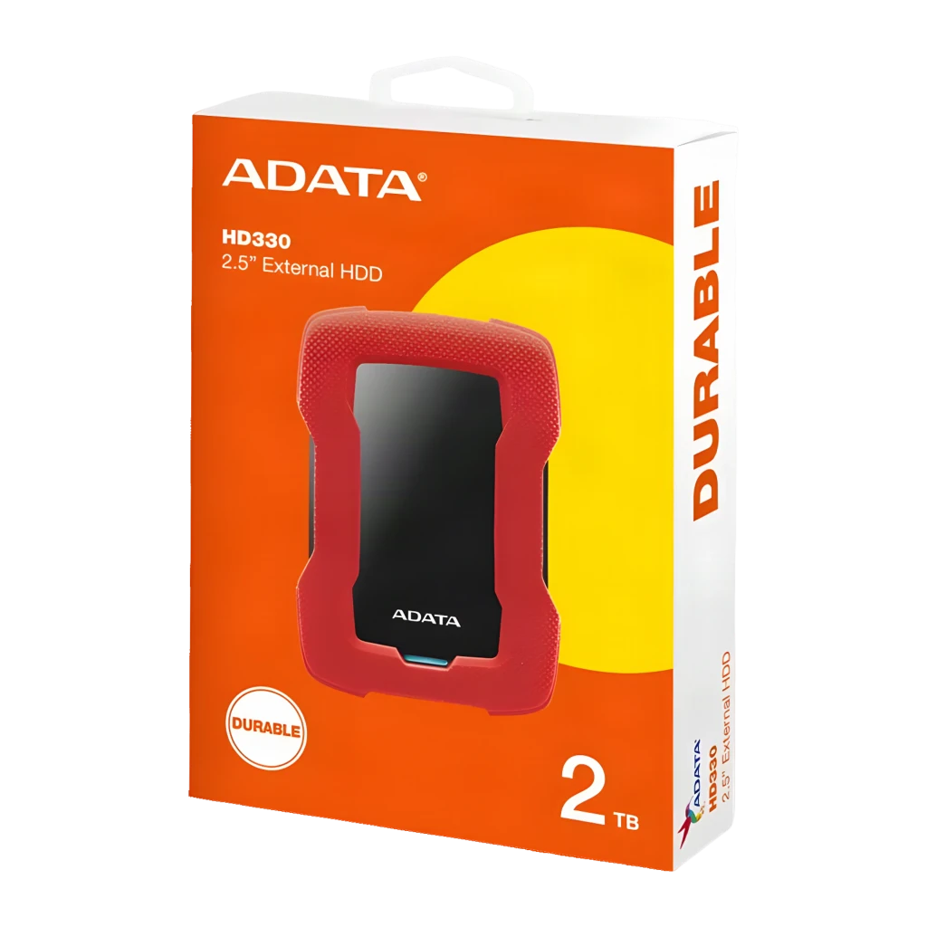 ADATA HD330 2TB rouge, vue de face: coque protectrice rouge texturée, panneau noir avec logo et LED bleue - Ítem3