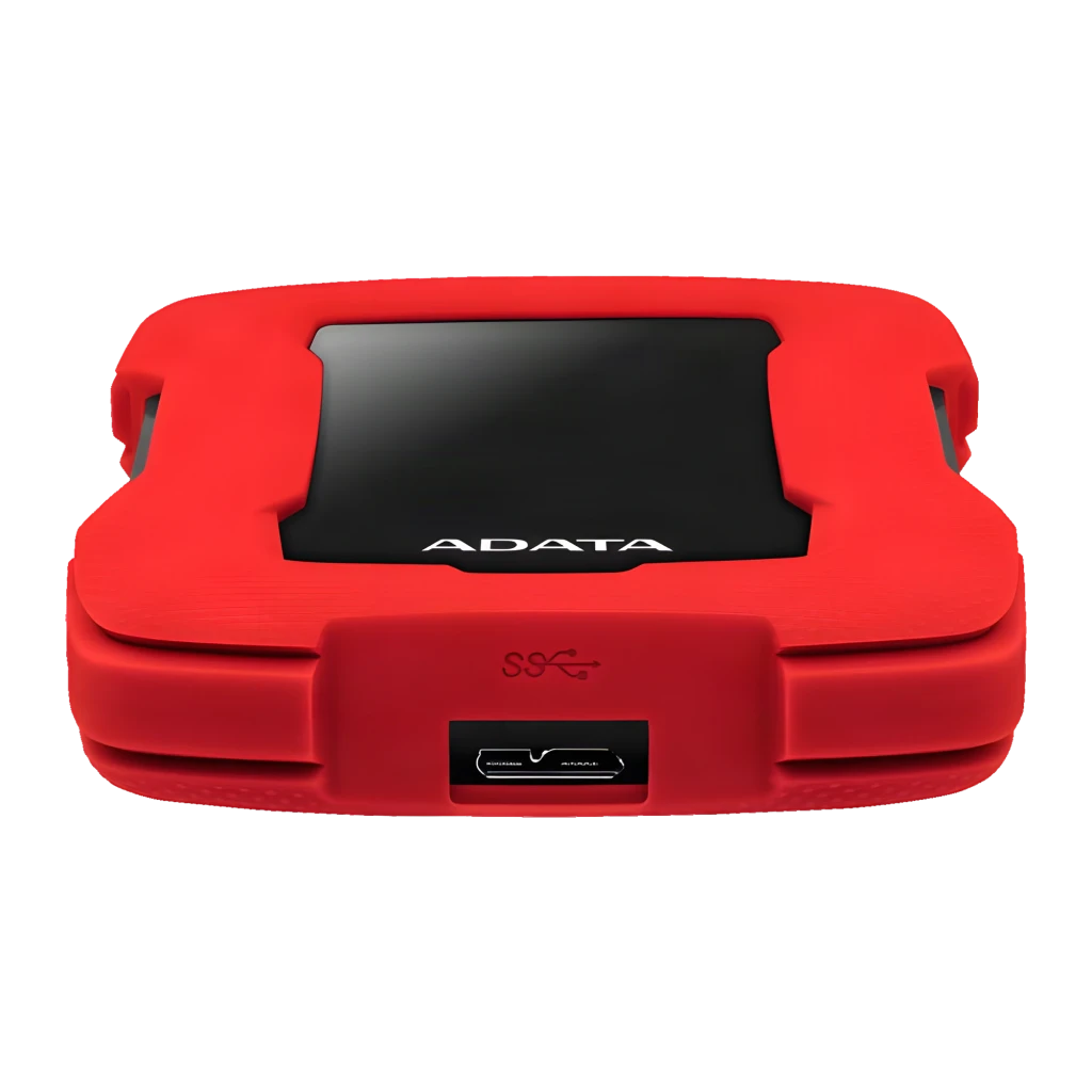 ADATA HD330 2TB rouge, vue de face: coque protectrice rouge texturée, panneau noir avec logo et LED bleue - Ítem4