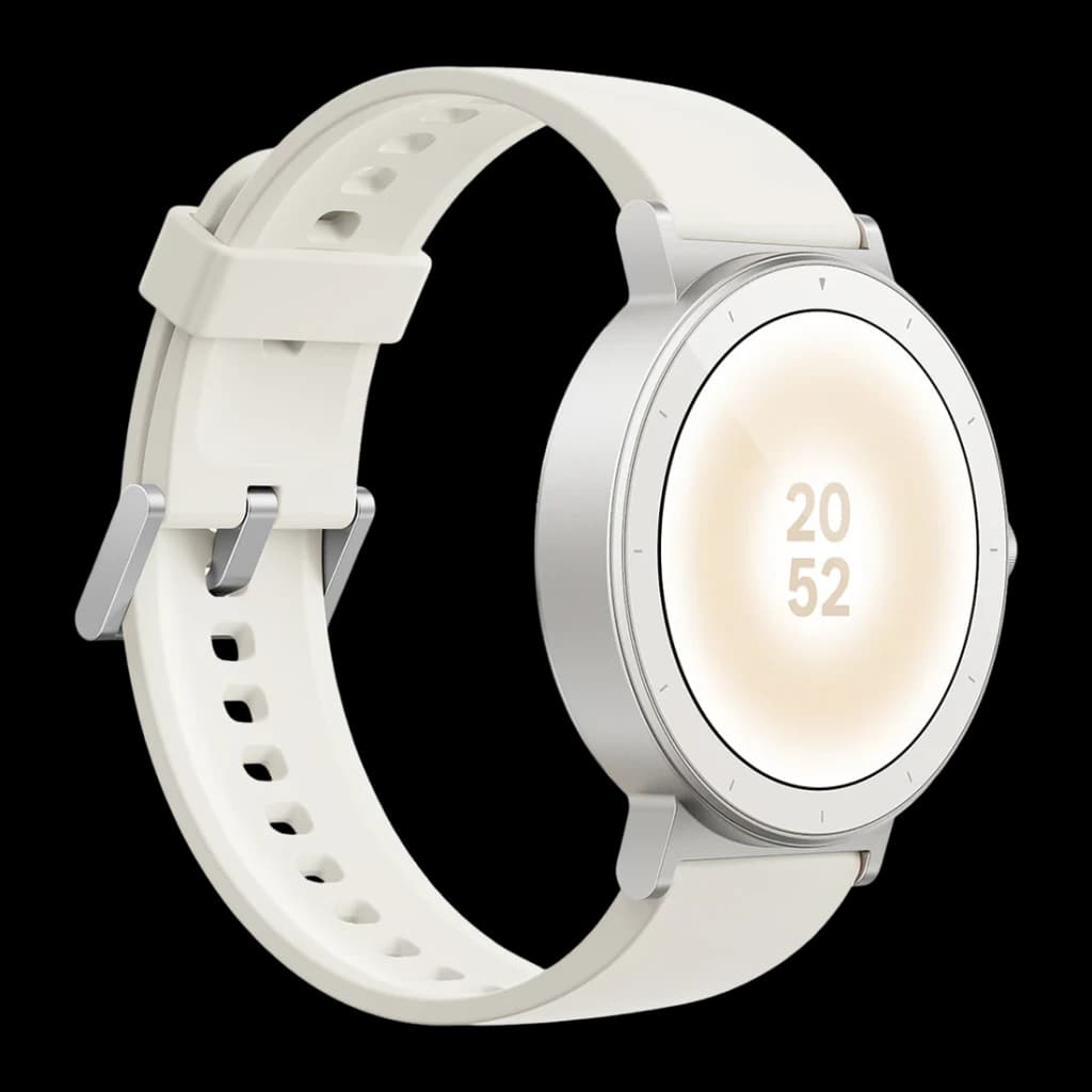 Realme Watch S5 Blanc GPS 5 GNSS Appels Bluetooth SpO2, Fréq. Cardiaque, Stress, vue de face latérale: bracelet silicone