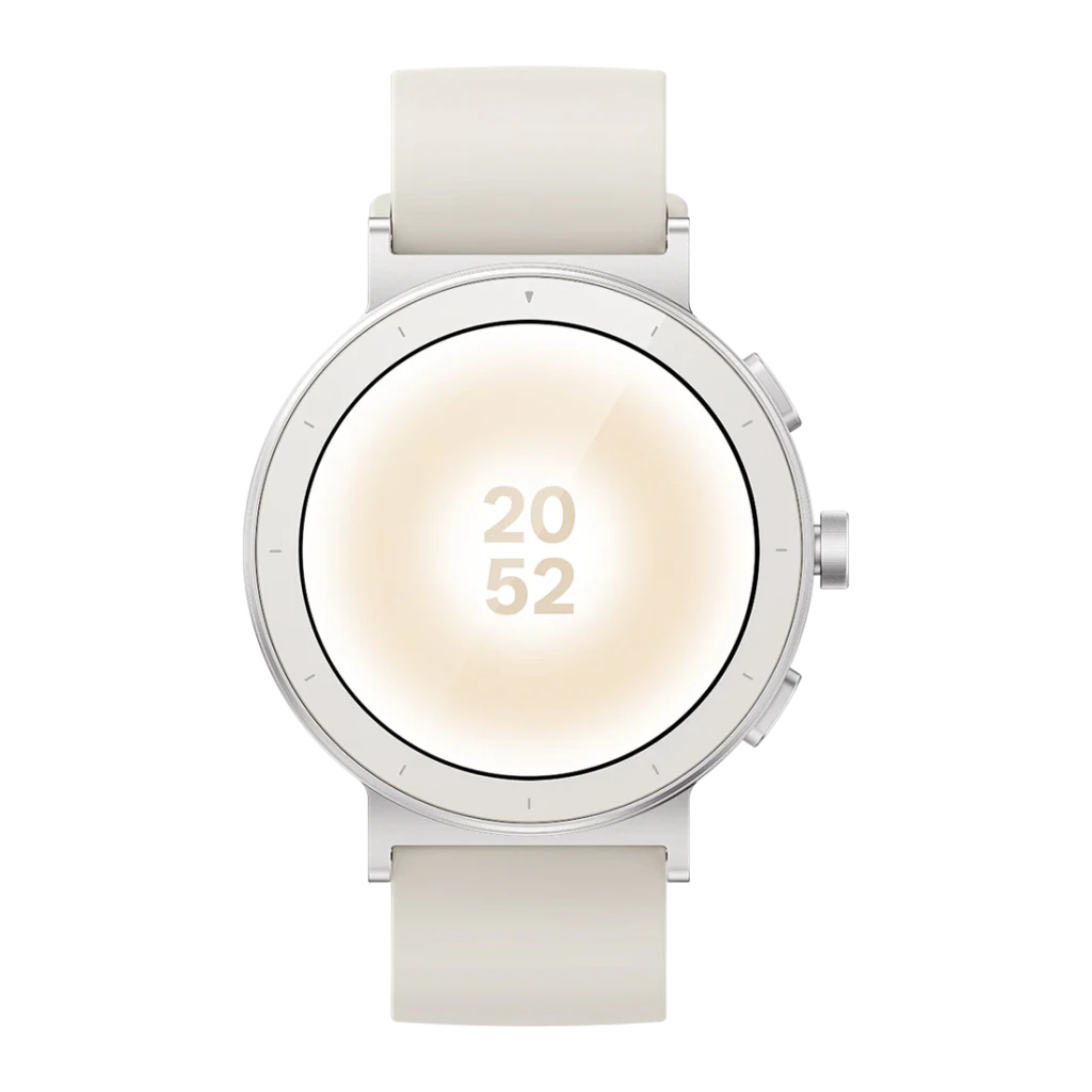 Realme Watch S5 Blanc GPS 5 GNSS Appels Bluetooth SpO2, Fréq. Cardiaque, Stress, vue face: cadran rond affichant 20:52