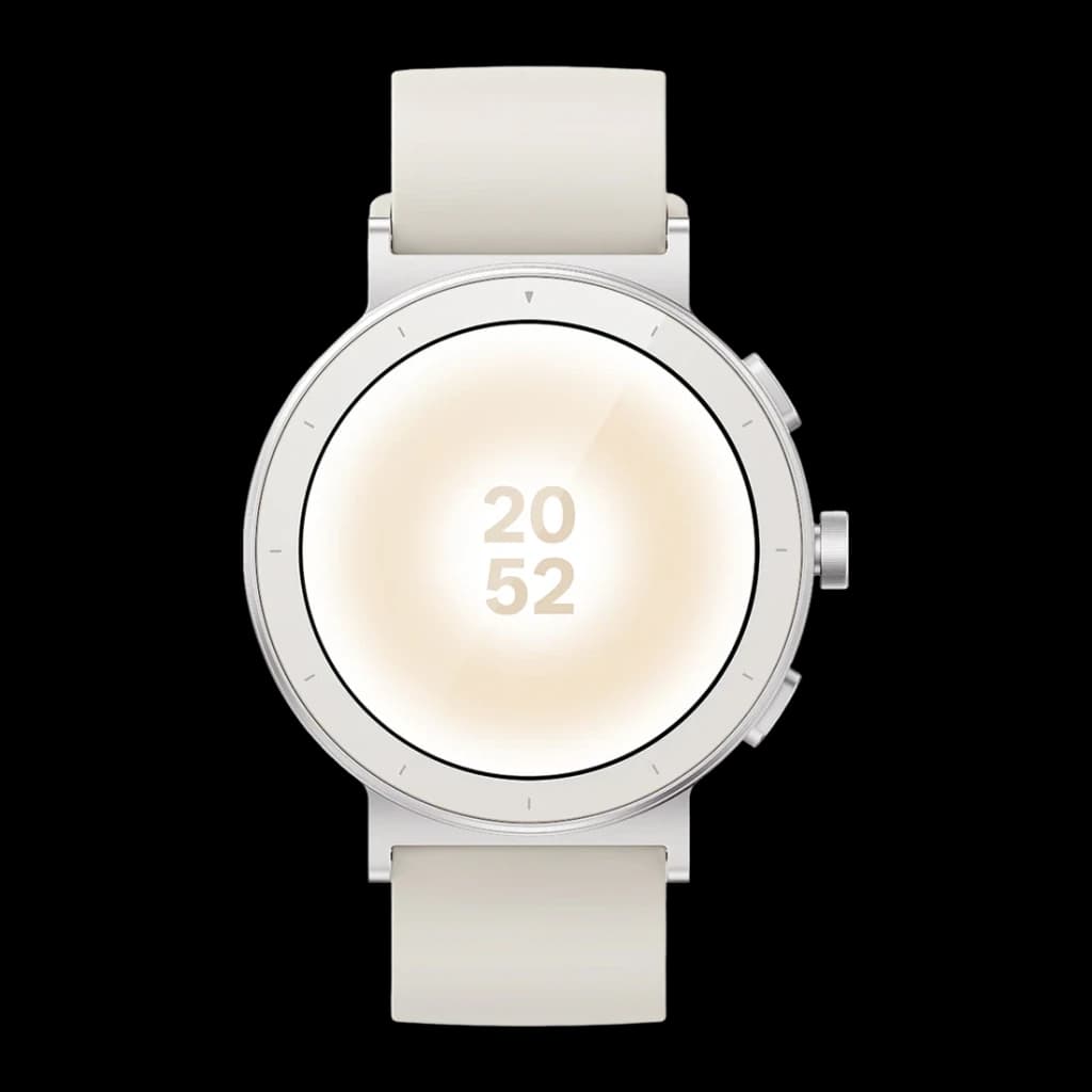 Realme Watch S5 Blanc GPS 5 GNSS Appels Bluetooth SpO2, Fréq. Cardiaque, Stress, vue face: cadran rond affichant 20:52