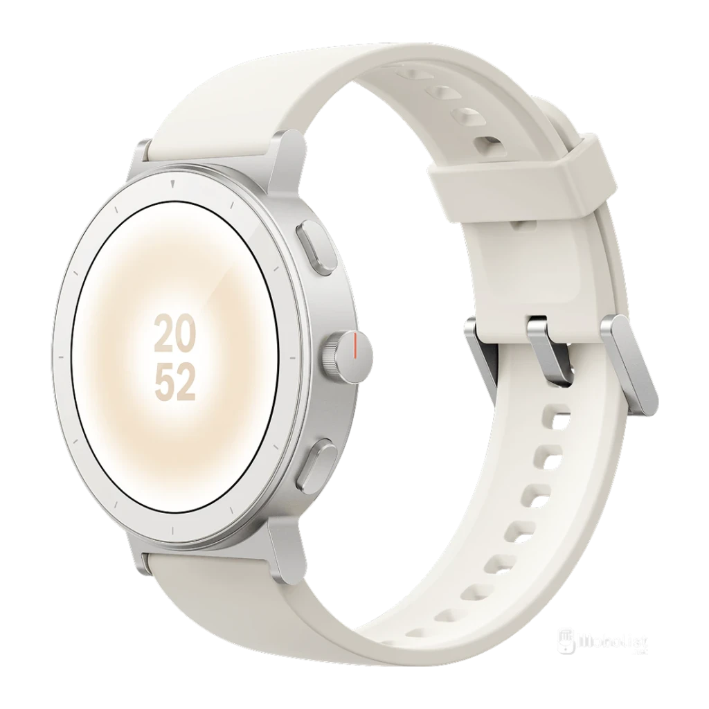 Realme Watch S5 Blanc GPS 5 GNSS Appels Bluetooth SpO2, Fréq. Cardiaque, Stress, vue latérale: écran rond affichant 20:52
