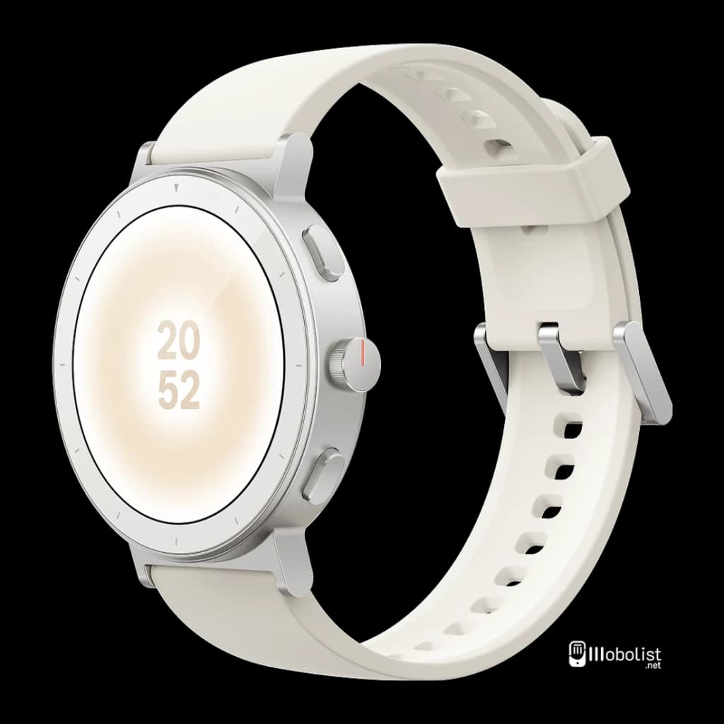 Realme Watch S5 Blanc GPS 5 GNSS Appels Bluetooth SpO2, Fréq. Cardiaque, Stress, vue latérale: écran rond affichant 20:52