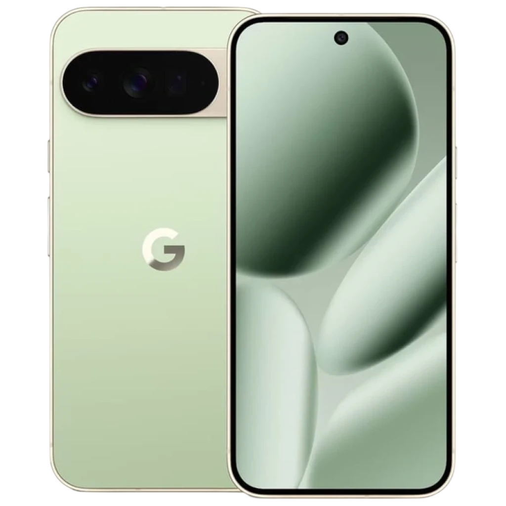 Google Pixel 10 Pro XL verde renovado en excelente estado, pantalla AMOLED casi sin bordes y cámara trasera triple horizontal con flash, logo G centrado - Ítem