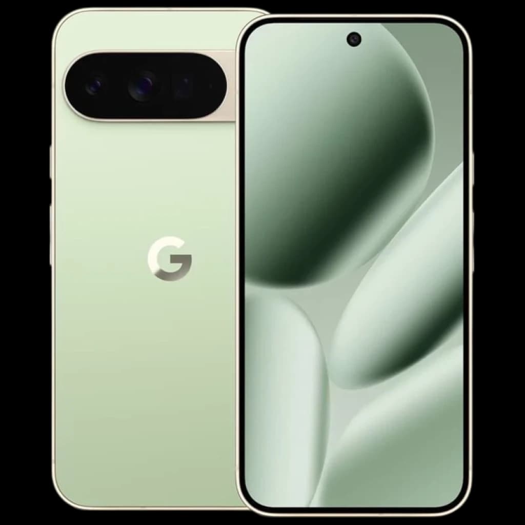 Google Pixel 10 Pro XL verde renovado en excelente estado, pantalla AMOLED casi sin bordes y cámara trasera triple horizontal con flash, logo G centrado