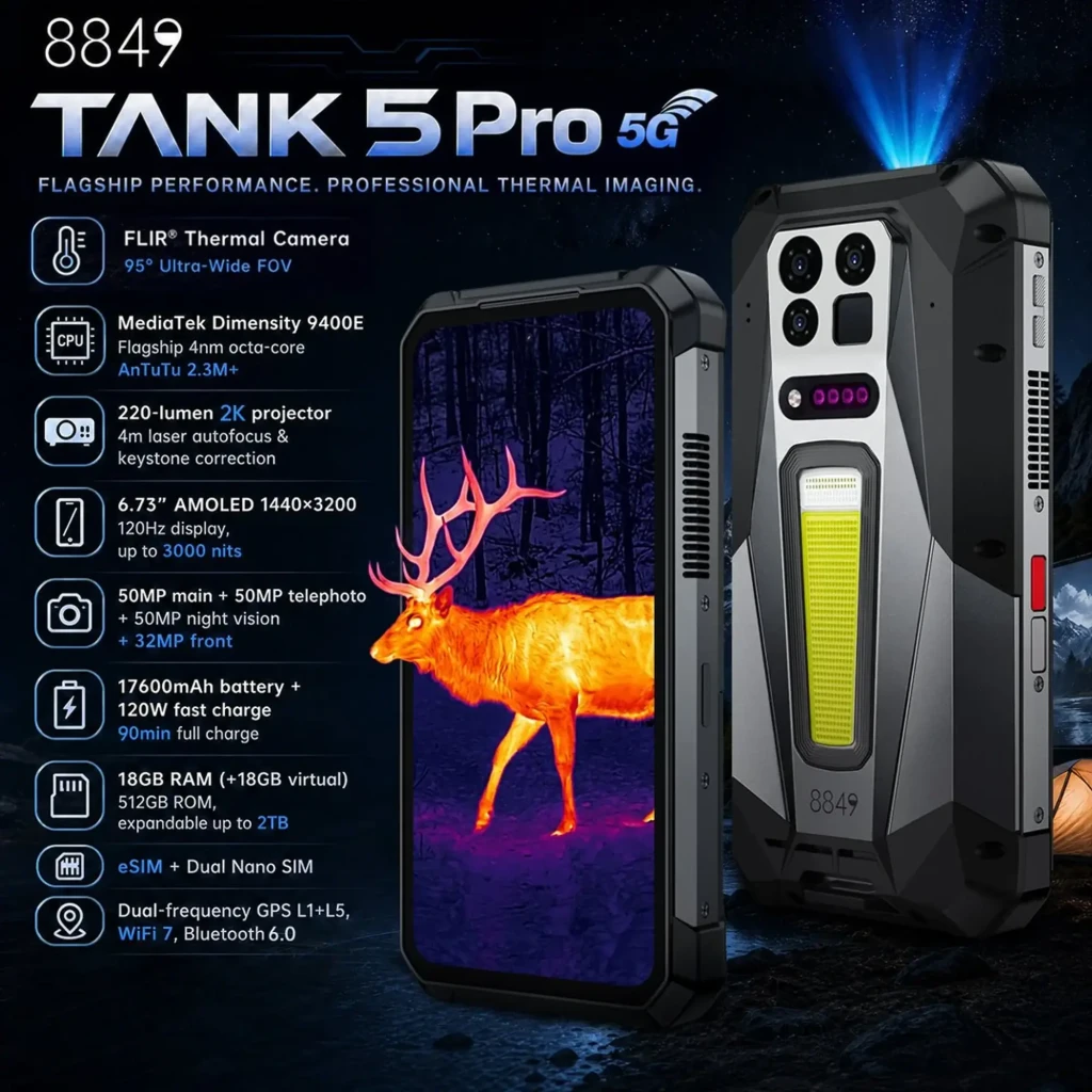 Unihertz 8849 Tank 5 Pro 5G robusto con carcasa reforzada, cámara FLIR 160x120, linterna trasera grande, botones rojos y pantalla con visión térmica - Ítem1