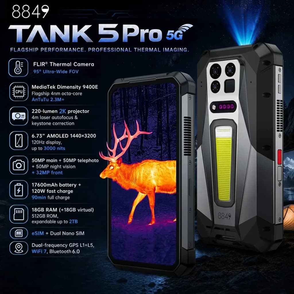 Smartphone robuste Unihertz 8849 TANK 5 Pro avec projecteur DLP 2K, caméra thermique FLIR, écran AMOLED 6,73 pouces et module photo arrière pro