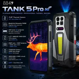 Smartphone robuste Unihertz 8849 TANK 5 Pro avec projecteur DLP 2K, caméra thermique FLIR, écran AMOLED 6,73 pouces et module photo arrière pro