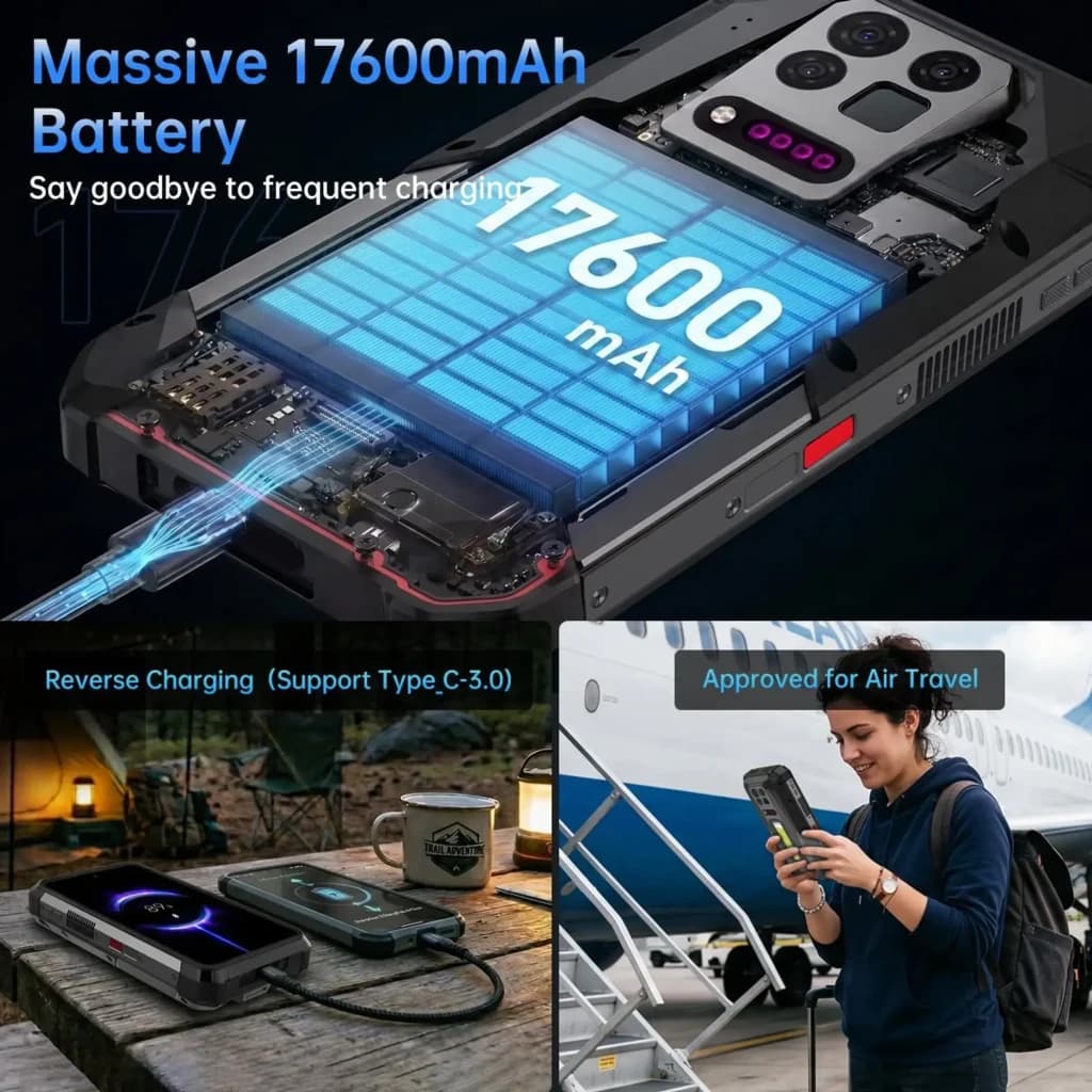 Smartphone robuste avec batterie 17600 mAh mise en avant, recharge inversée USB‑C, projecteur DLP 2K intégré et utilisation approuvée en avion