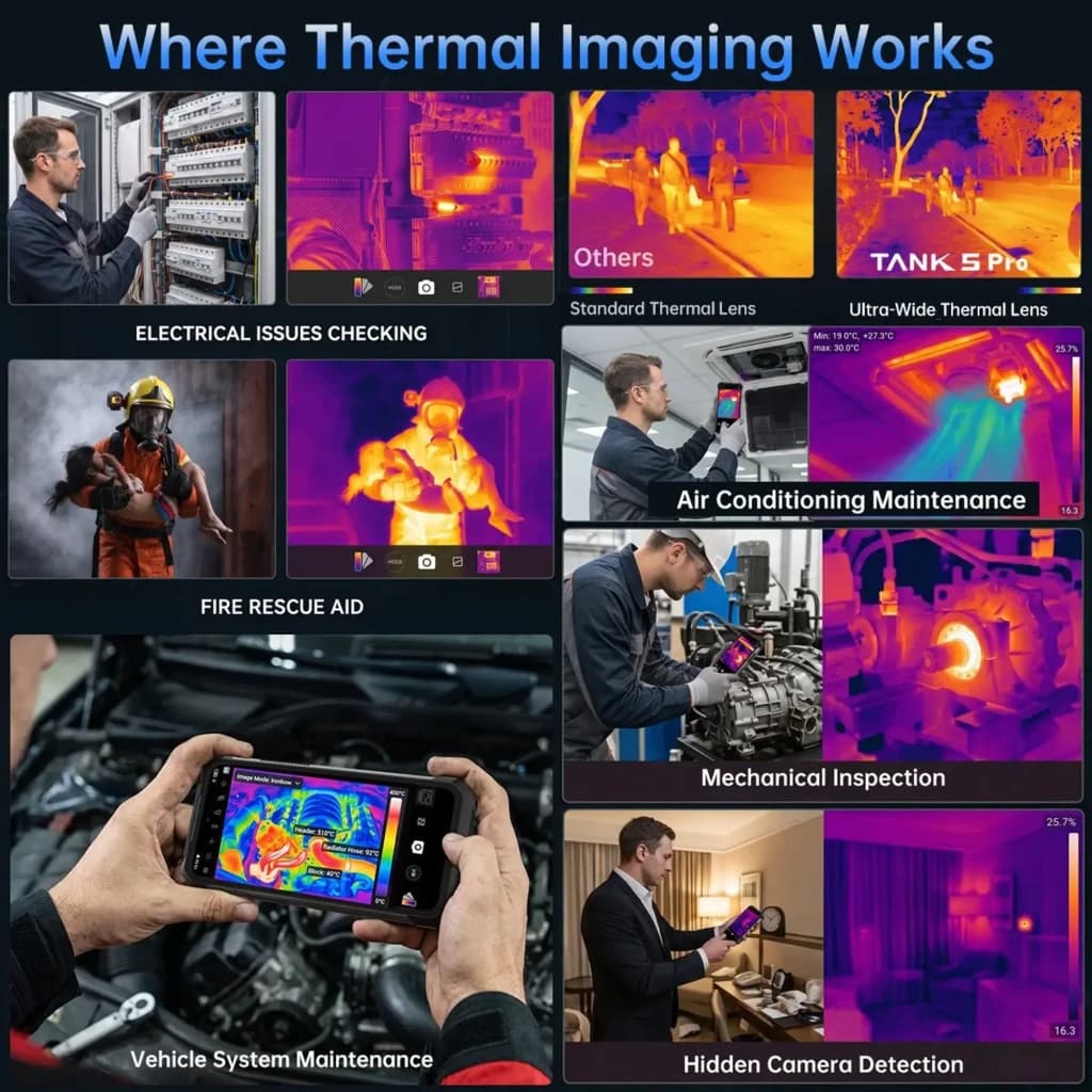 Montage présentant la caméra thermique ultra grand angle du Unihertz 8849 TANK 5 Pro, montrant inspections électriques, mécaniques, climatisation et