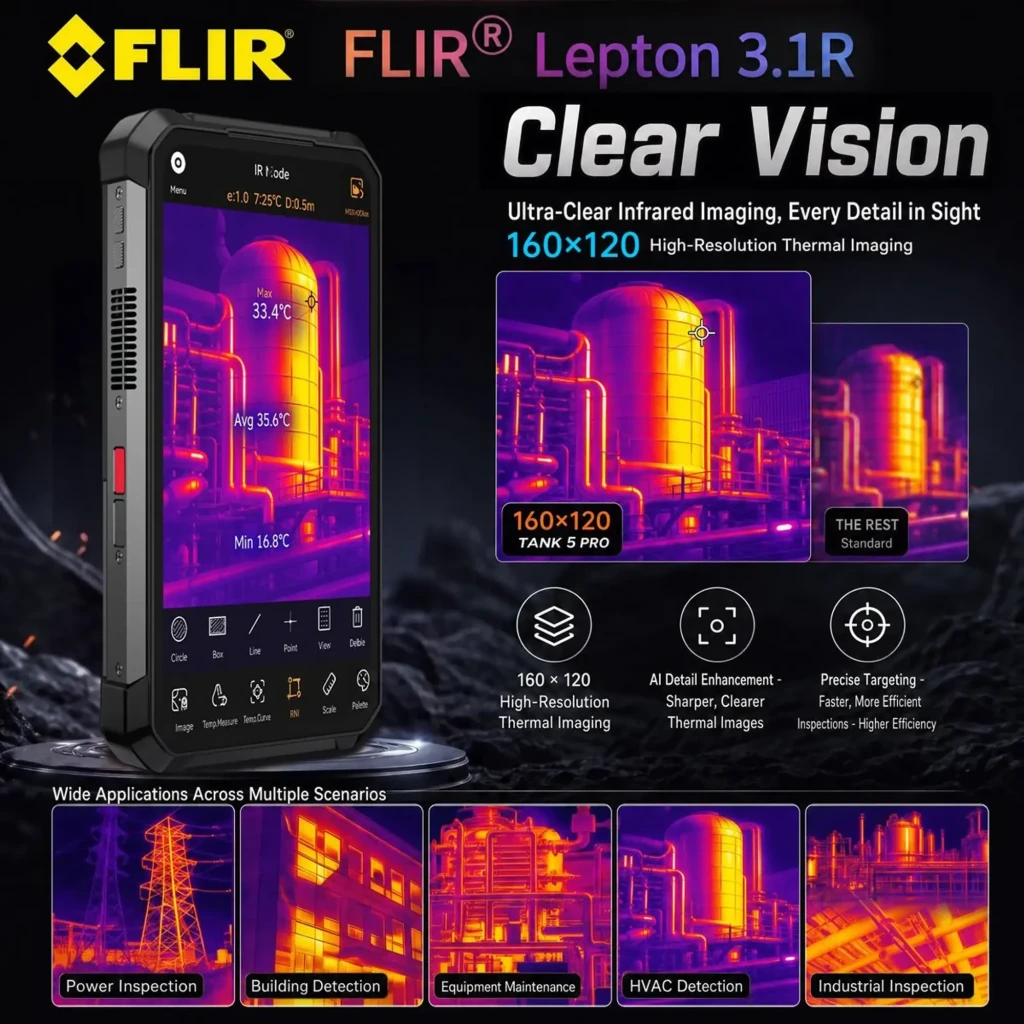 Unihertz 8849 Tank 5 Pro 5G robusto con carcasa reforzada, cámara FLIR 160x120, linterna trasera grande, botones rojos y pantalla con visión térmica - Ítem4