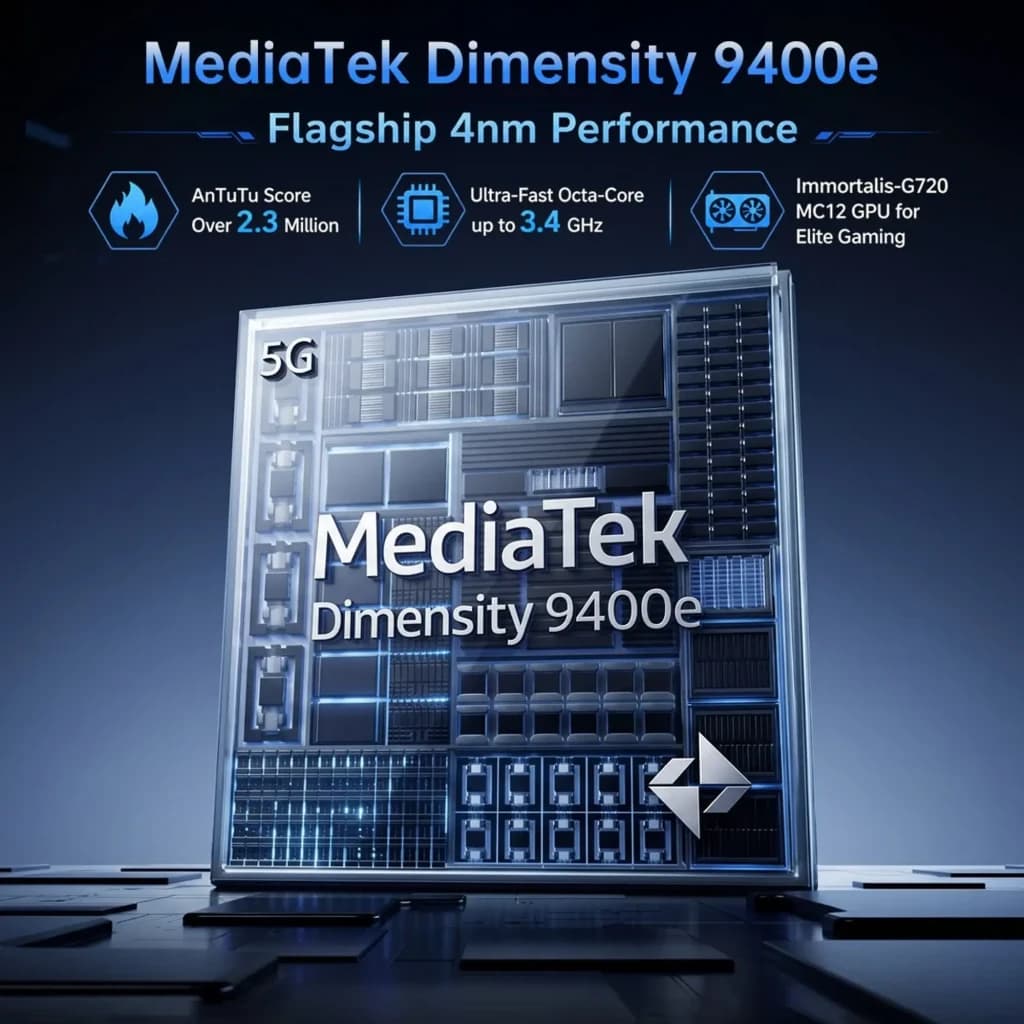 Module MediaTek Dimensity 9400e 4 nm avec 5G, octa-core jusquà 3,4 GHz, GPU Immortalis G720 MC12, plus de 2,3 M AnTuTu, conçu pour performances et gaming