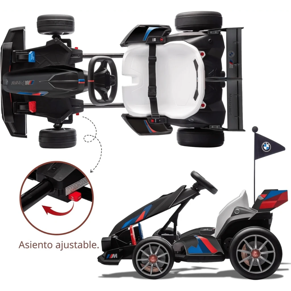 BMW Go Kart Coche Eléctrico Infantil 24V Negro con chasis deportivo, asiento blanco, volante racing, llantas grises y luces LED frontales en forma de riñón - Ítem5