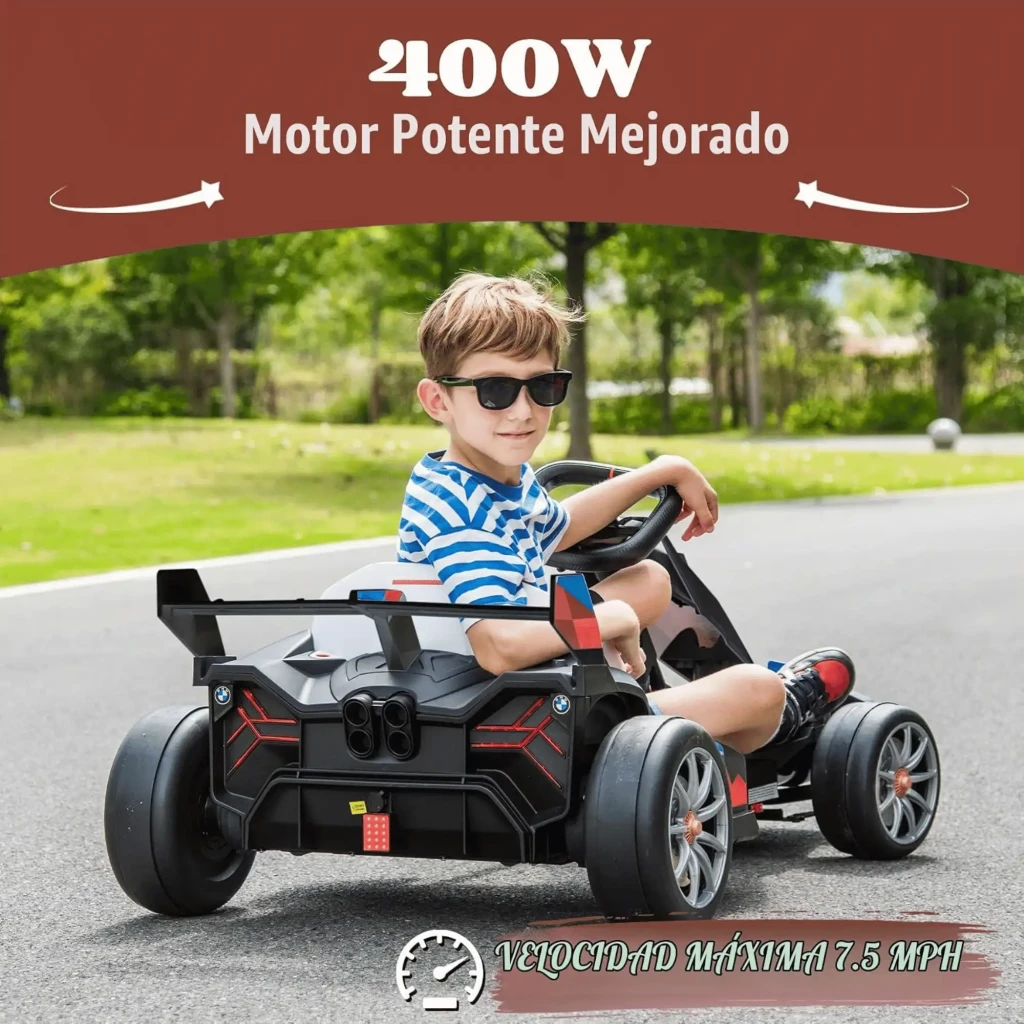 BMW Go Kart Coche Eléctrico Infantil 24V Negro con chasis deportivo, asiento blanco, volante racing, llantas grises y luces LED frontales en forma de riñón - Ítem6