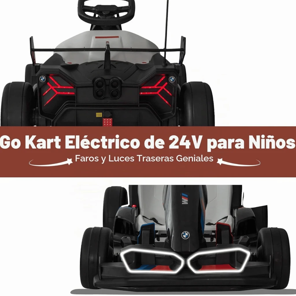 BMW Go Kart Coche Eléctrico Infantil 24V Negro con chasis deportivo, asiento blanco, volante racing, llantas grises y luces LED frontales en forma de riñón - Ítem1