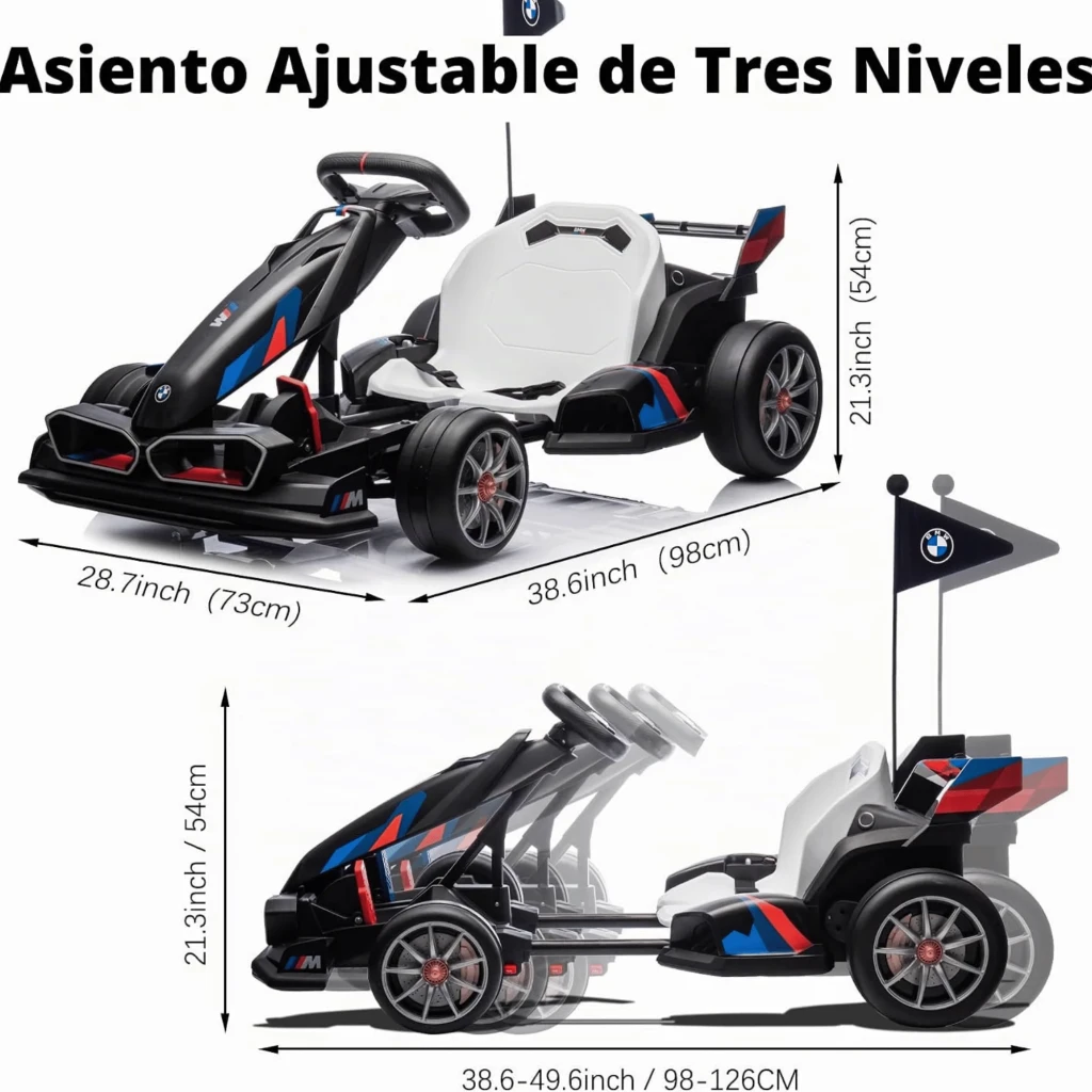 BMW Go Kart Coche Eléctrico Infantil 24V Negro con chasis deportivo, asiento blanco, volante racing, llantas grises y luces LED frontales en forma de riñón - Ítem2
