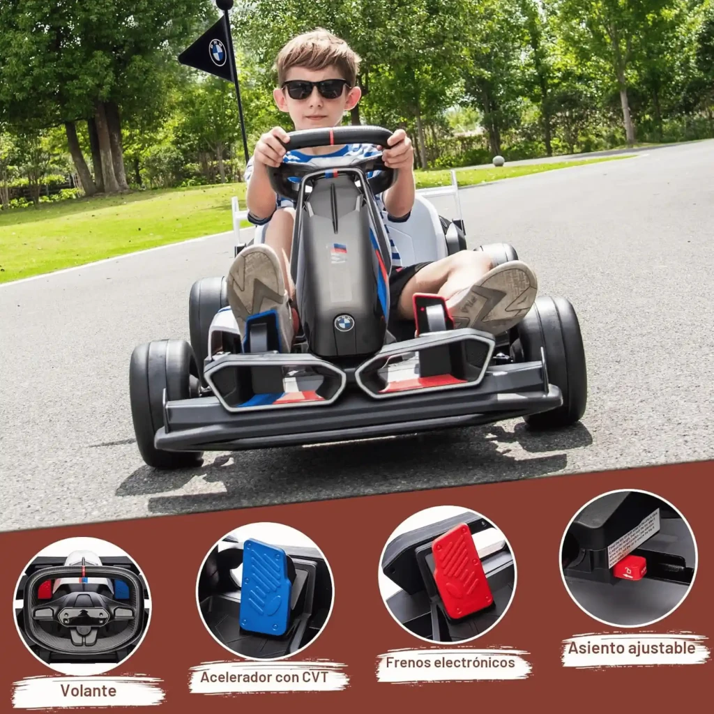 BMW Go Kart Coche Eléctrico Infantil 24V Negro con chasis deportivo, asiento blanco, volante racing, llantas grises y luces LED frontales en forma de riñón - Ítem3