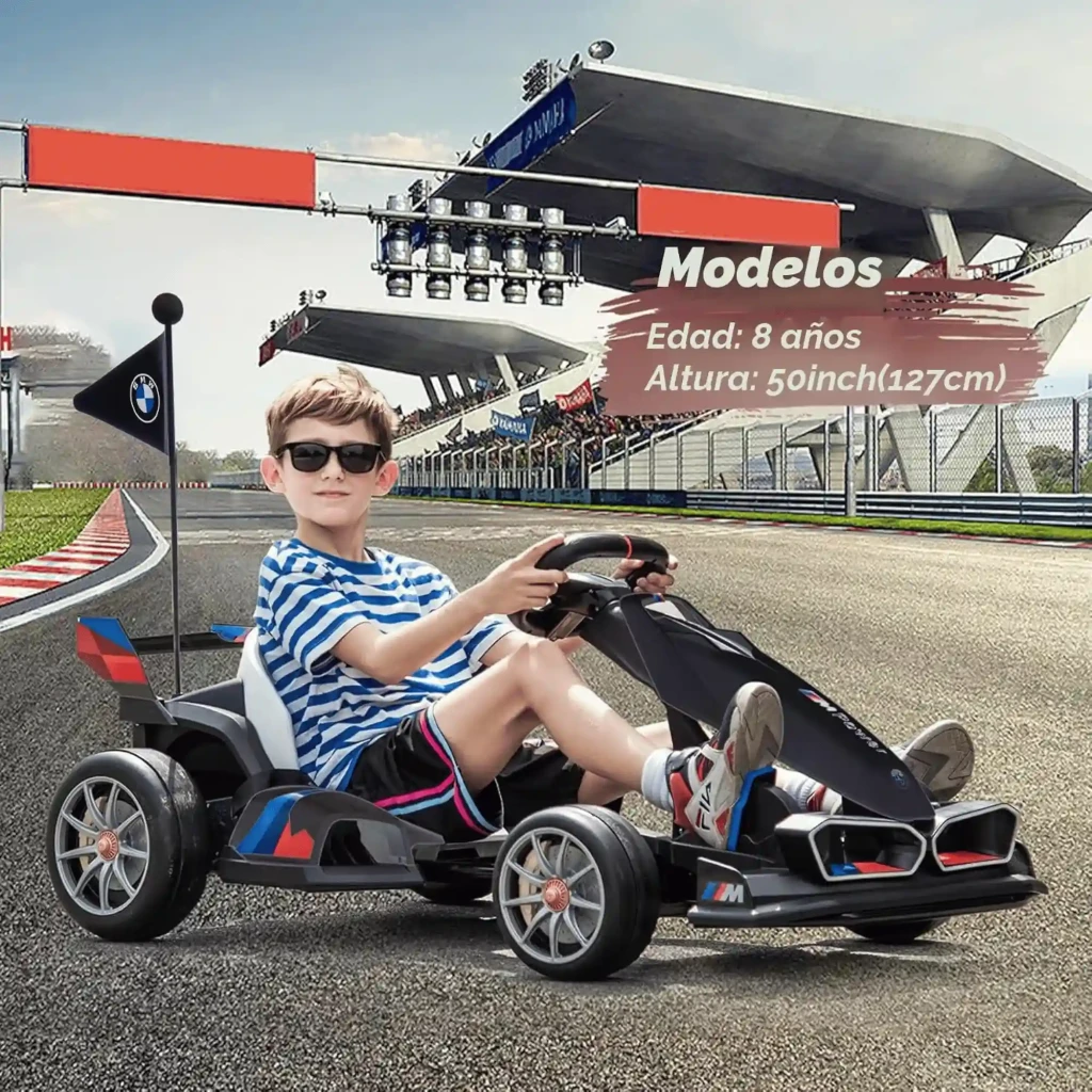 BMW Go Kart Coche Eléctrico Infantil 24V Negro con chasis deportivo, asiento blanco, volante racing, llantas grises y luces LED frontales en forma de riñón - Ítem4