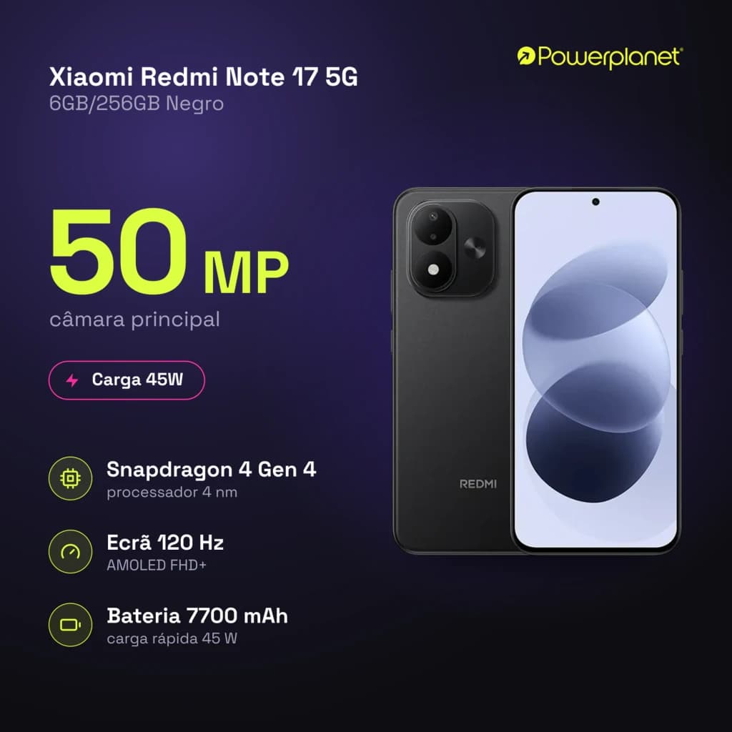 Xiaomi Redmi Note 17 5G negro con pantalla AMOLED 6,99 FHD+ 120 Hz, cámara principal 50 MP, módulo dual trasero y frontal perforada, 6GB/256GB
