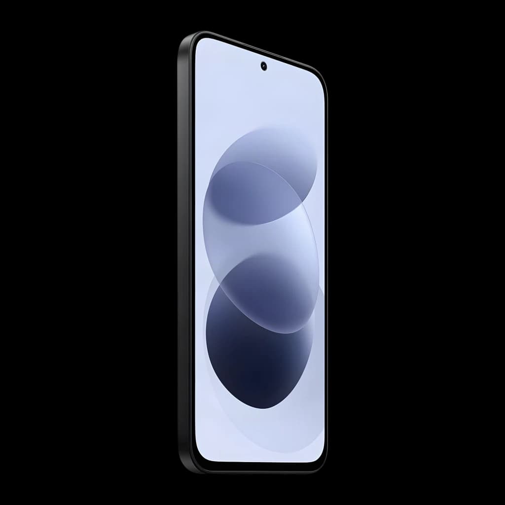 Xiaomi Redmi Note 17 5G preto com tela AMOLED 6,99 pol 120 Hz, bordas finas, furo central para câmera frontal e laterais arredondadas