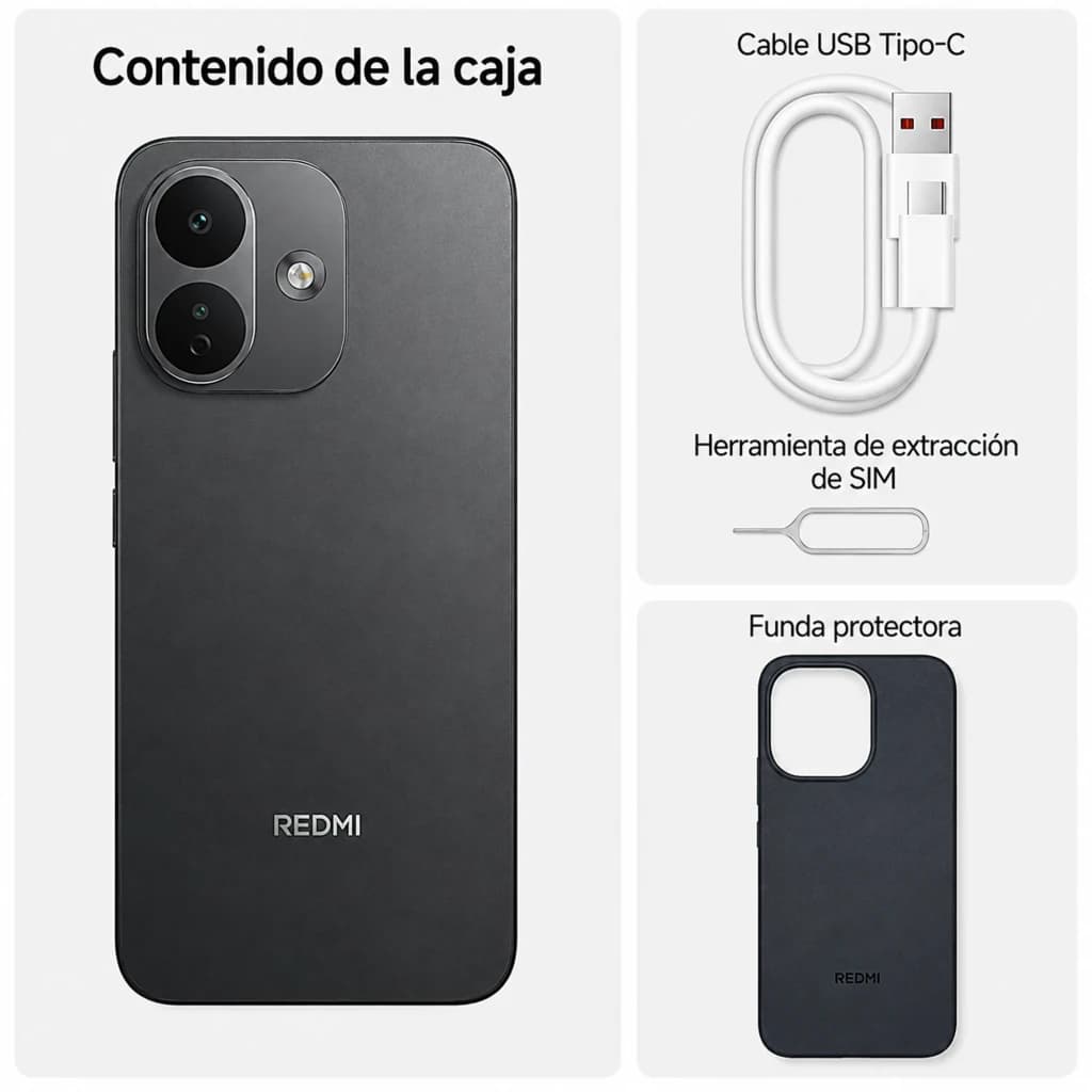 Xiaomi Redmi Note 17 Pro 5G negro con pantalla 6,83 pulgadas AMOLED 120Hz. Incluye funda protectora, cable USB Tipo C y herramienta de extracción de SIM