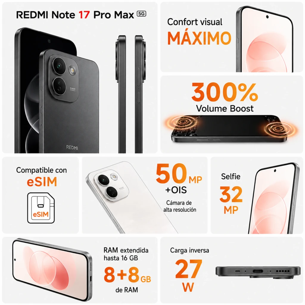 Xiaomi Redmi Note 17 Pro Max 5G blanco fotocromático, 6,83 pulgadas AMOLED 120Hz, frontal con agujero central y doble cámara trasera grande en esquina - Ítem6
