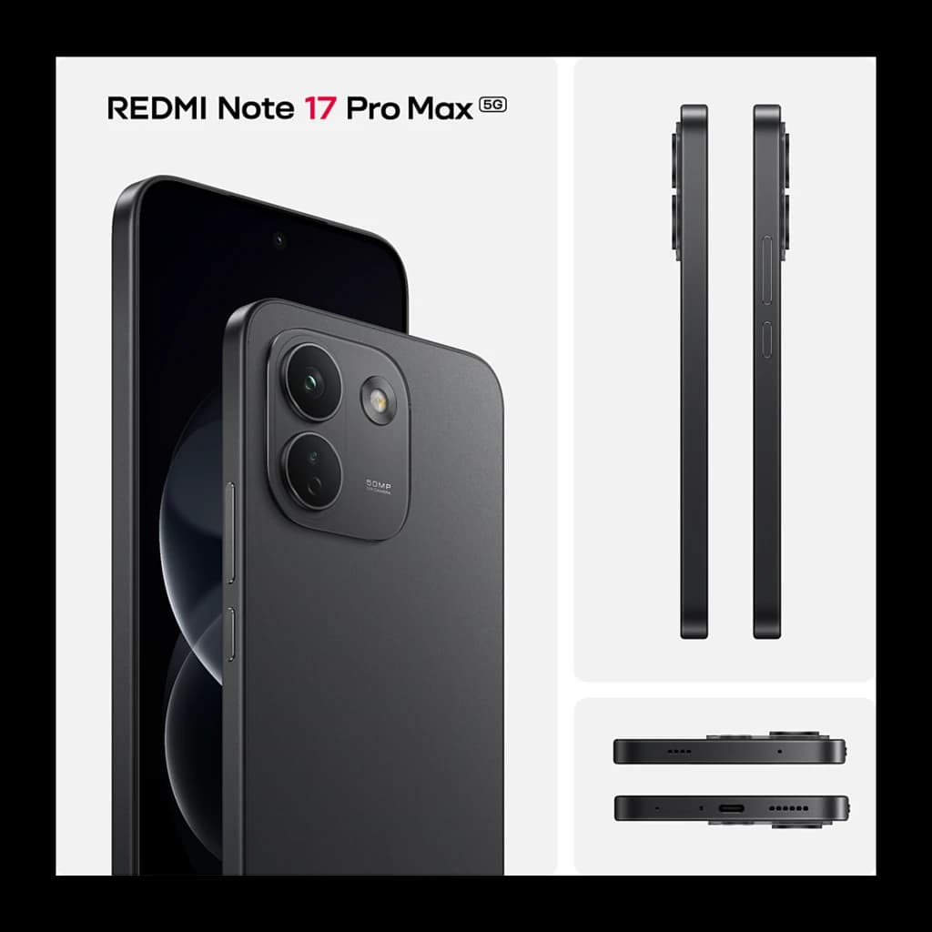 Xiaomi Redmi Note 17 Pro Max 5G negro con cuerpo mate, cámara triple sobresaliente, pantalla AMOLED 6,83 pulgadas 120Hz, bordes planos y puerto USB-C