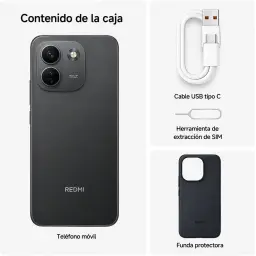 Smartphone lilas avec grand écran 6,83 pouces, module photo double proéminent, câble USB‑C, outil d’éjection SIM et coque de protection inclus