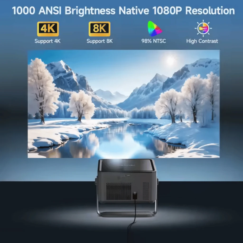 Magcubic HY450 MAX FHD 1100 ANSI noir avec objectif frontal lumineux, châssis métallique gris, large poignée pivotante et télécommande ergonomique noire - Ítem1