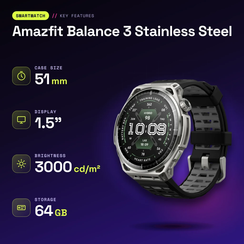 Amazfit Balance 3 Stainless Steel NFC - características