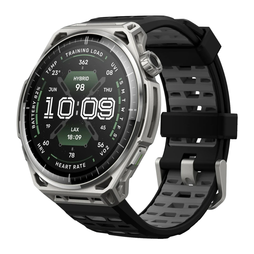 Amazfit Balance 3 Stainless Steel NFC, vista frontal en ángulo: caja metálica, esfera deportiva con datos de salud y correa