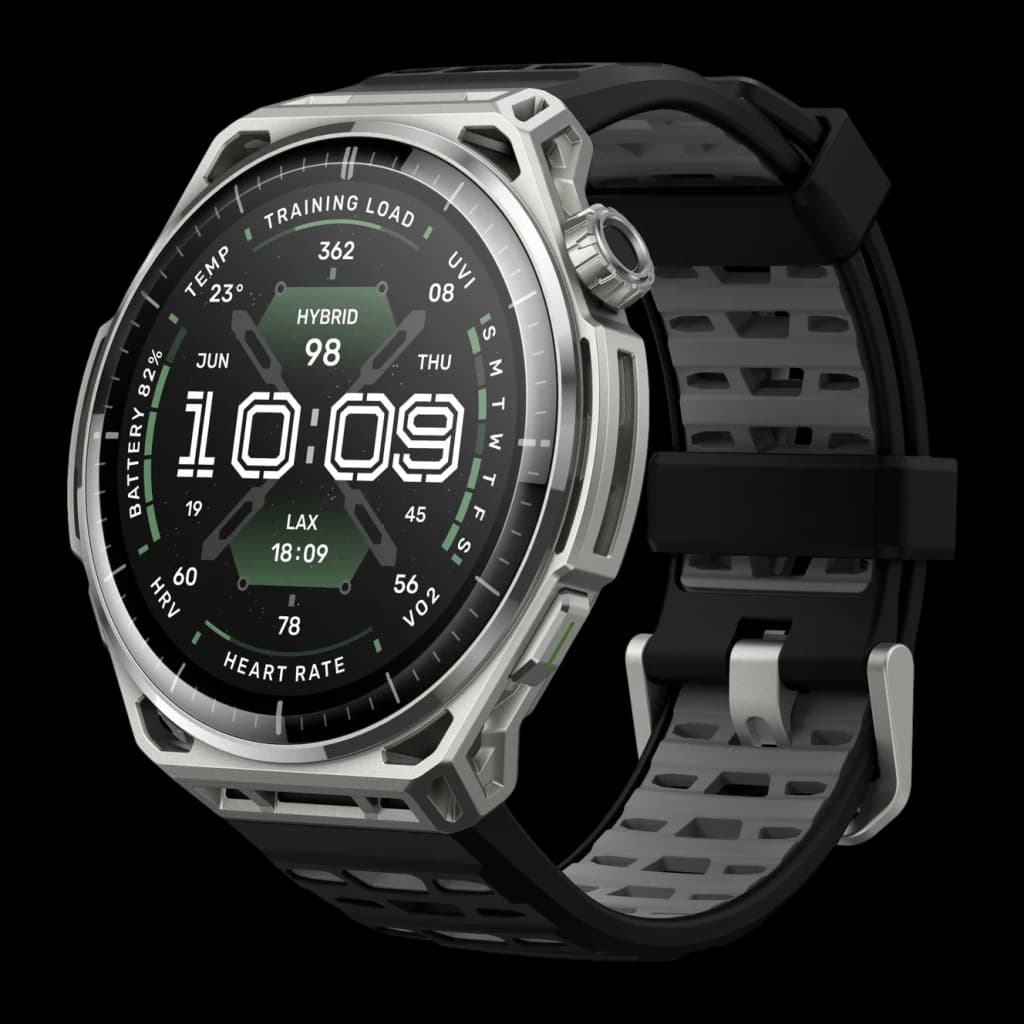 Amazfit Balance 3 Stainless Steel NFC, vista frontal en ángulo: caja metálica, esfera deportiva con datos de salud y correa