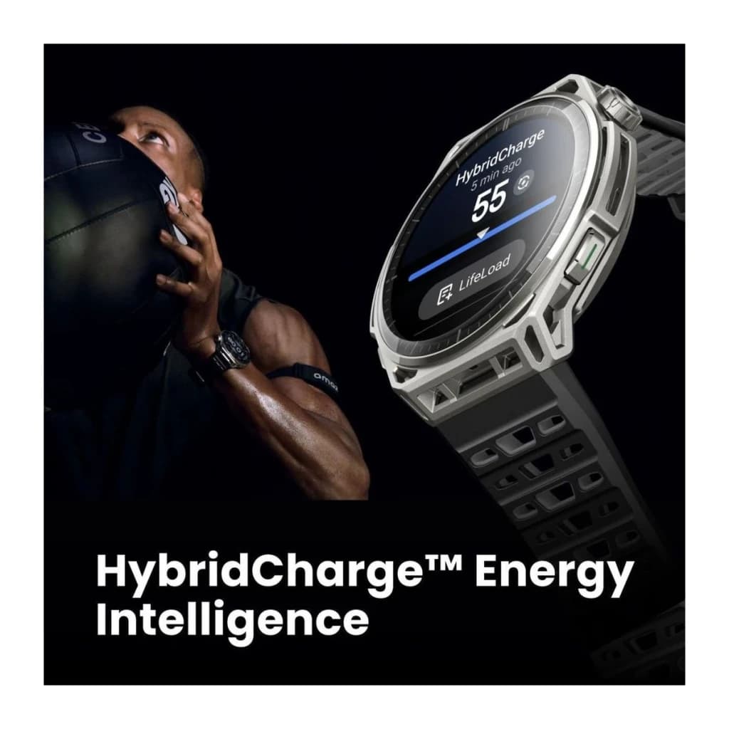 Amazfit Balance 3 Stainless Steel NFC, lifestyle: pantalla HybridCharge Energy Intelligence con atleta en fondo oscuro