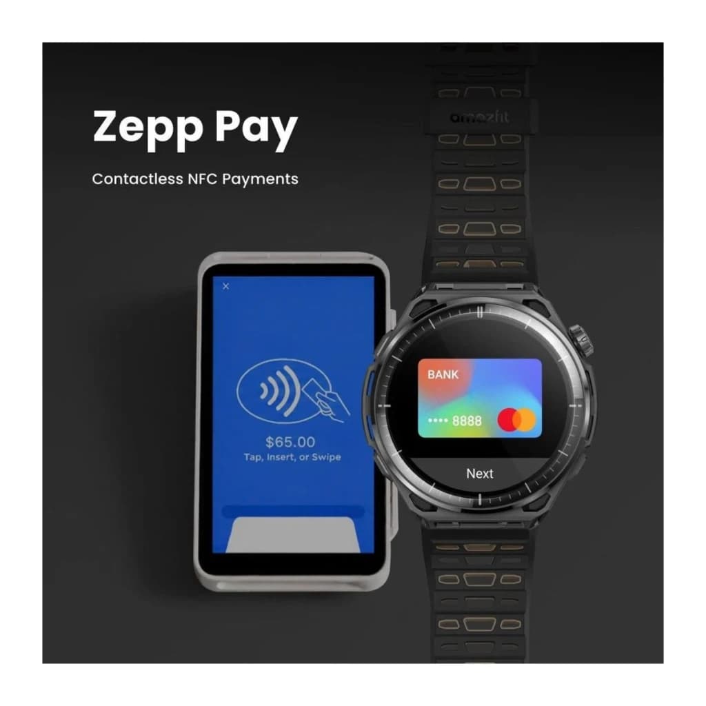 Amazfit Balance 3 Stainless Steel NFC, función Zepp Pay: pantalla con tarjeta bancaria junto a terminal de pago contactless