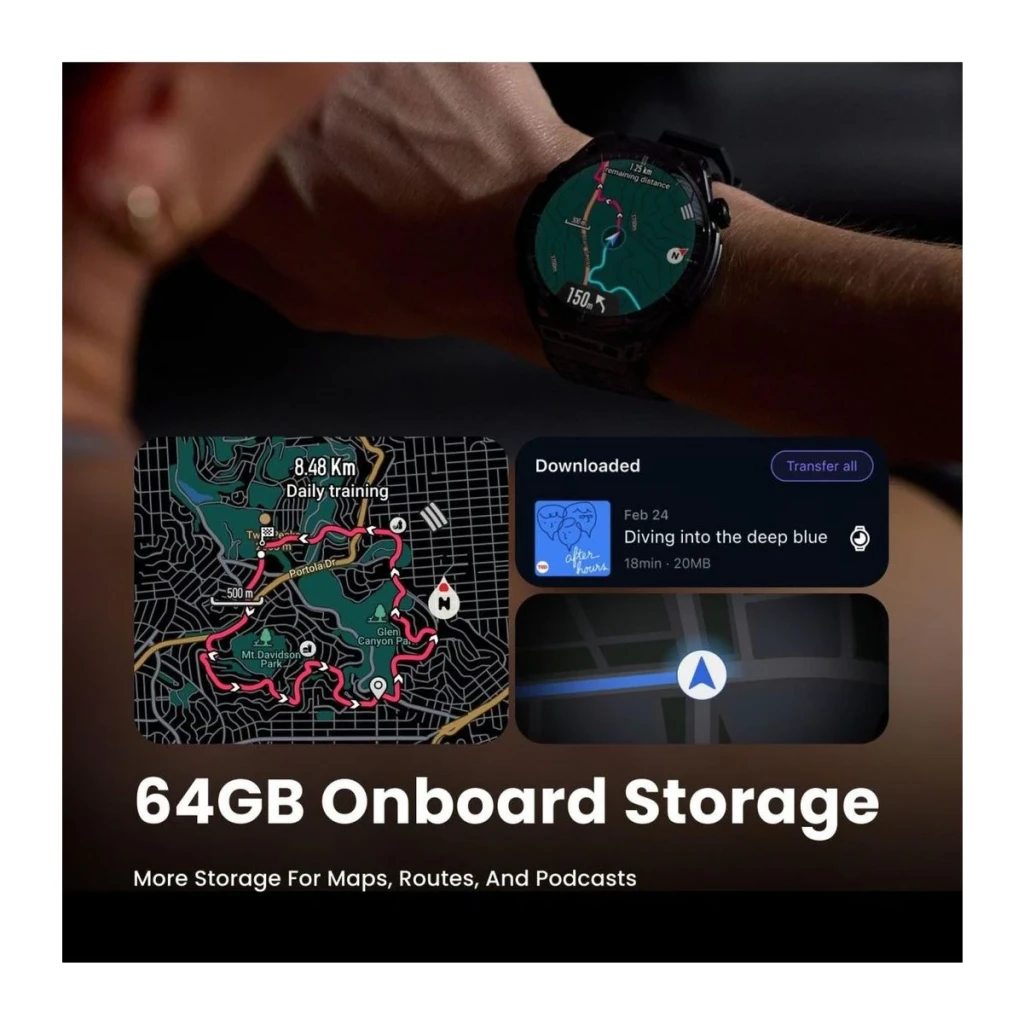 Amazfit Balance 3 Stainless Steel NFC en muñeca mostrando mapa GPS y texto 64GB Onboard Storage