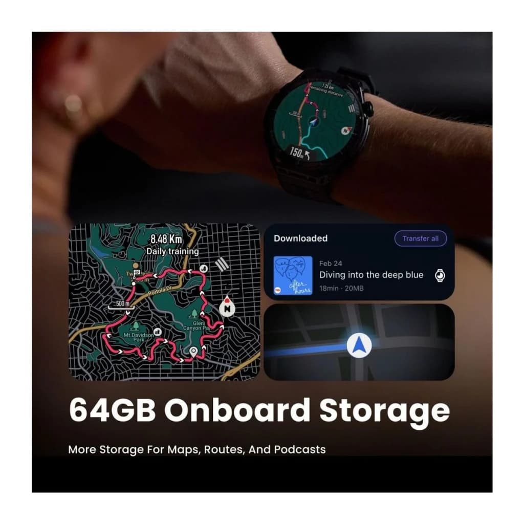 Amazfit Balance 3 Stainless Steel NFC en muñeca mostrando mapa GPS y texto 64GB Onboard Storage