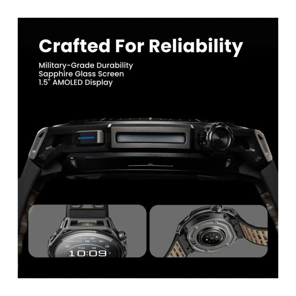 Amazfit Balance 3 Stainless Steel NFC, vista lateral: carcasa metálica, corona y botones laterales con miniaturas