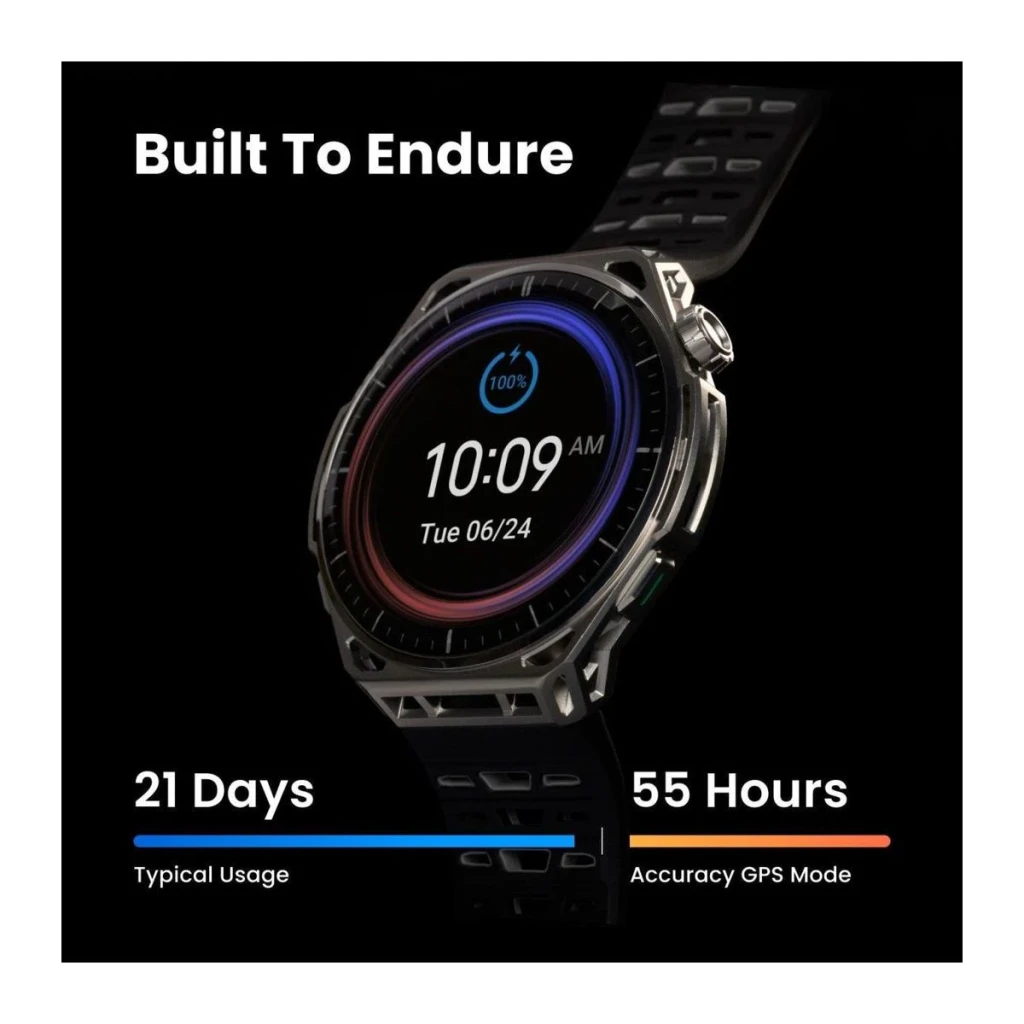 Amazfit Balance 3 Stainless Steel NFC, lifestyle: caja metálica angular con pantalla encendida, autonomía 21 días y 55 h GPS