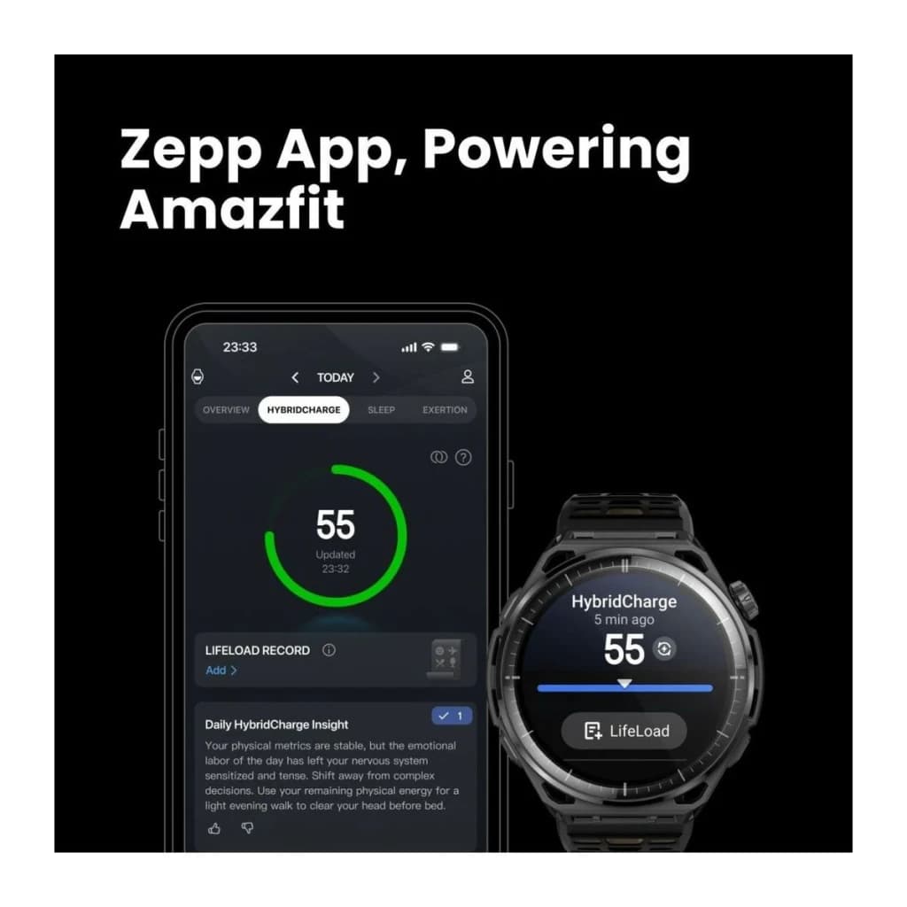 Amazfit Balance 3 Stainless Steel NFC, app Zepp: pantalla HybridCharge 55 en móvil y reloj junto a smartphone