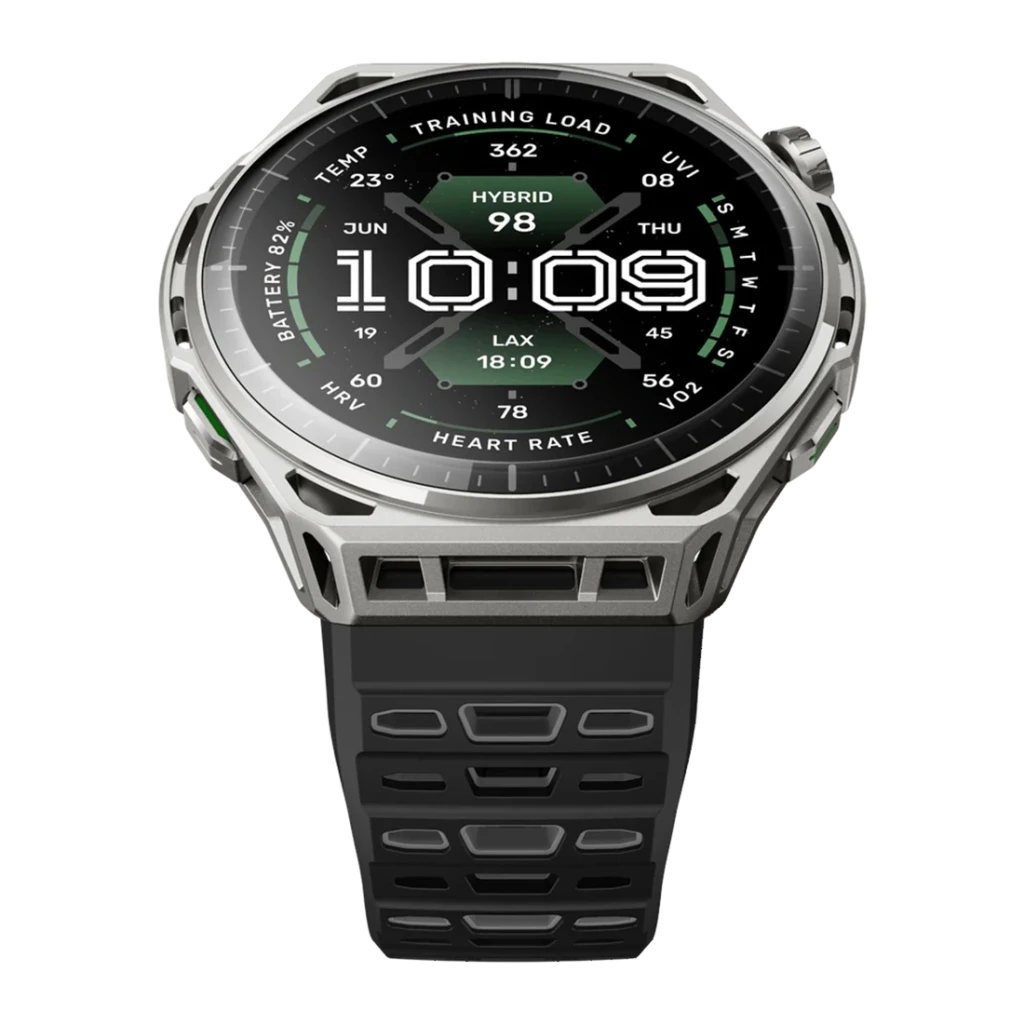 Amazfit Balance 3 Stainless Steel NFC, vista frontal: esfera híbrida verde con métricas fitness, caja calada y correa negra