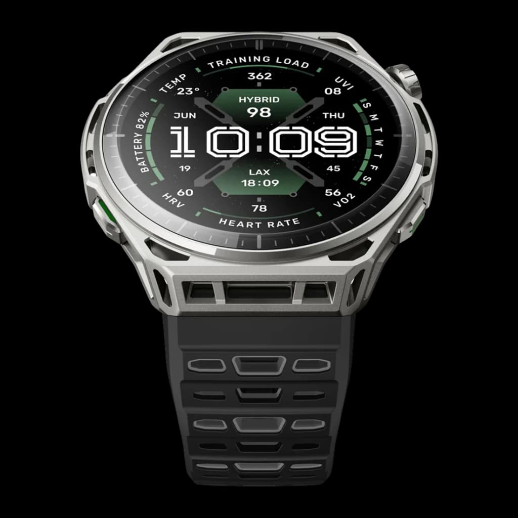 Amazfit Balance 3 Stainless Steel NFC, vista frontal: esfera híbrida verde con métricas fitness, caja calada y correa negra