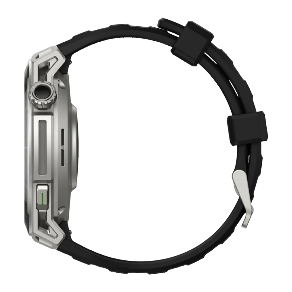 Amazfit Balance 3 Stainless Steel NFC, vista lateral: caja plateada con corona giratoria, botón verde y correa negra