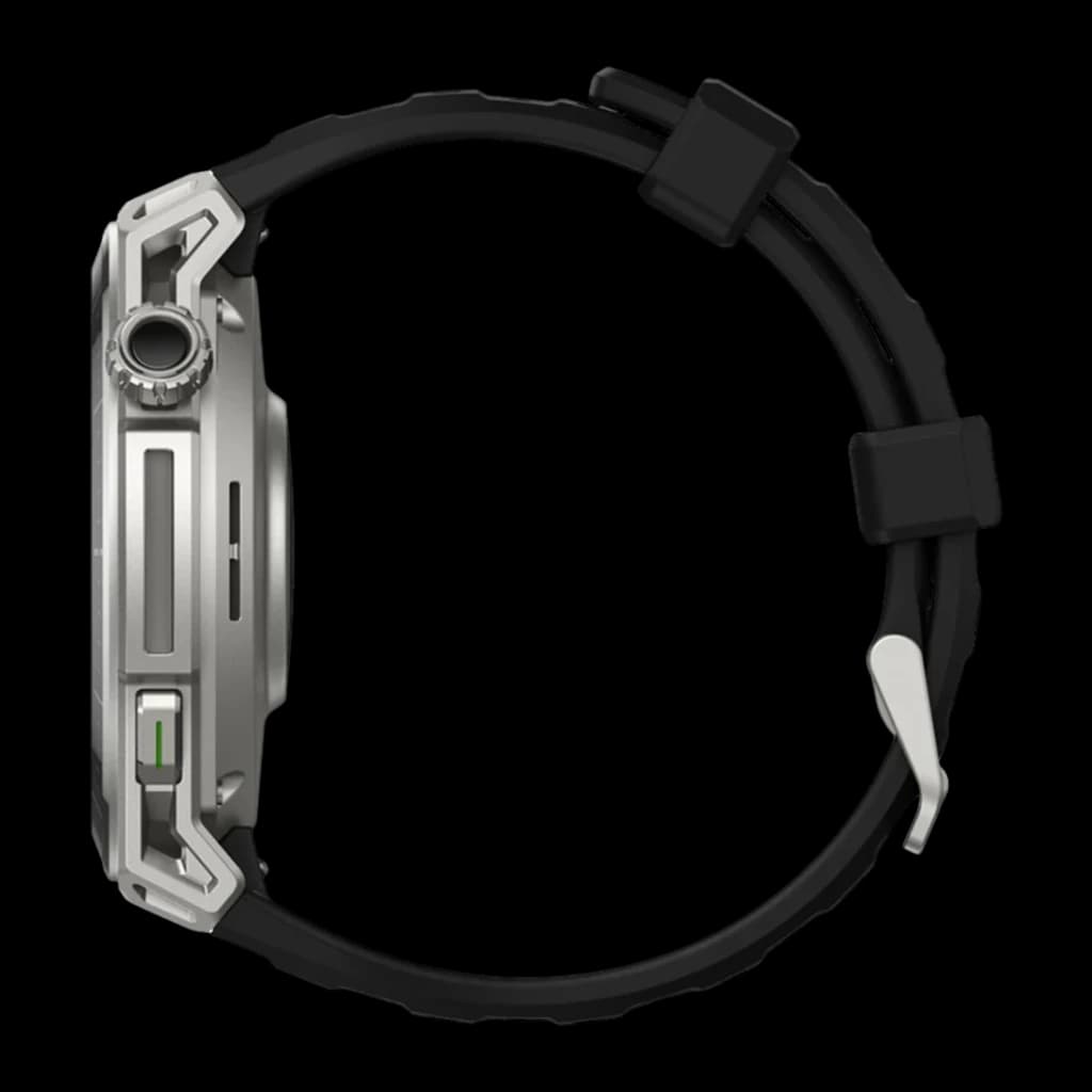 Amazfit Balance 3 Stainless Steel NFC, vista lateral: caja plateada con corona giratoria, botón verde y correa negra