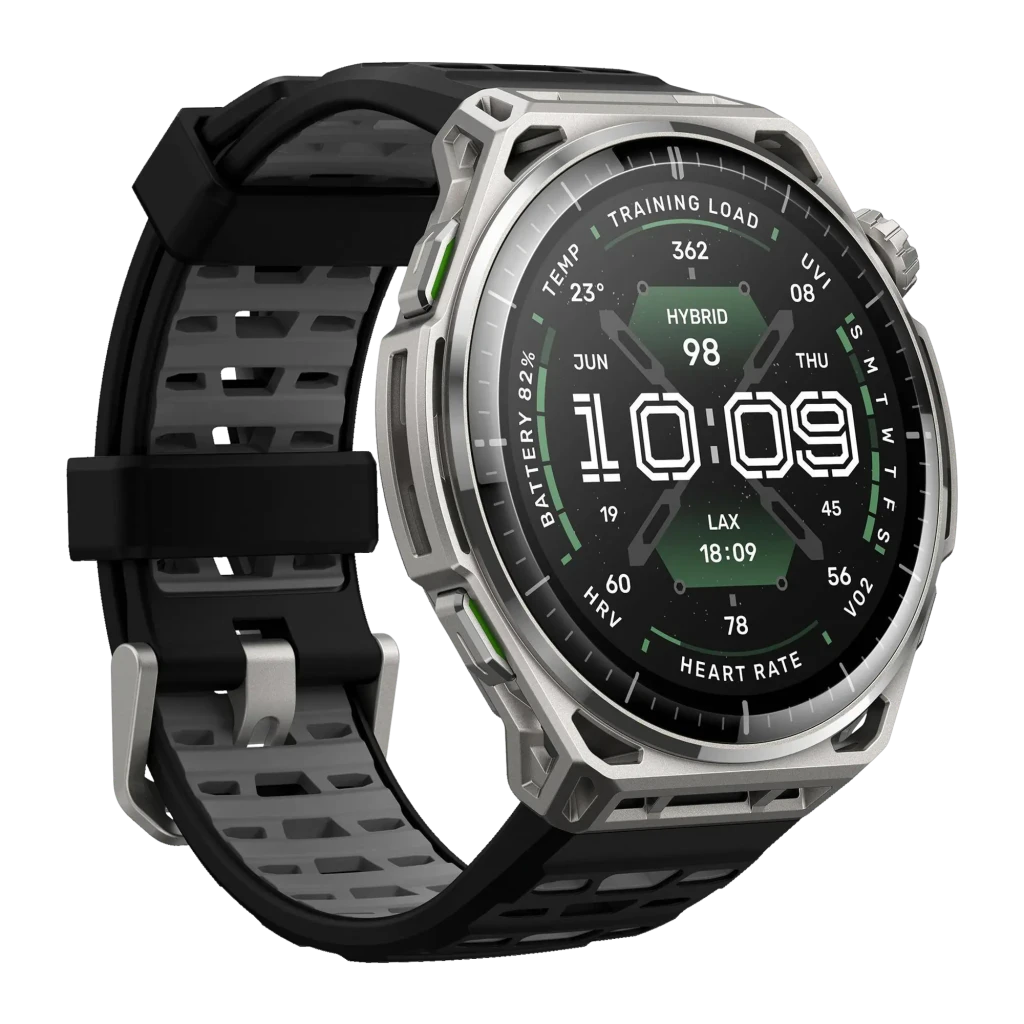 Amazfit Balance 3 Stainless Steel NFC, vista en ángulo: caja plateada, correa bicolor gris y negro, esfera deportiva