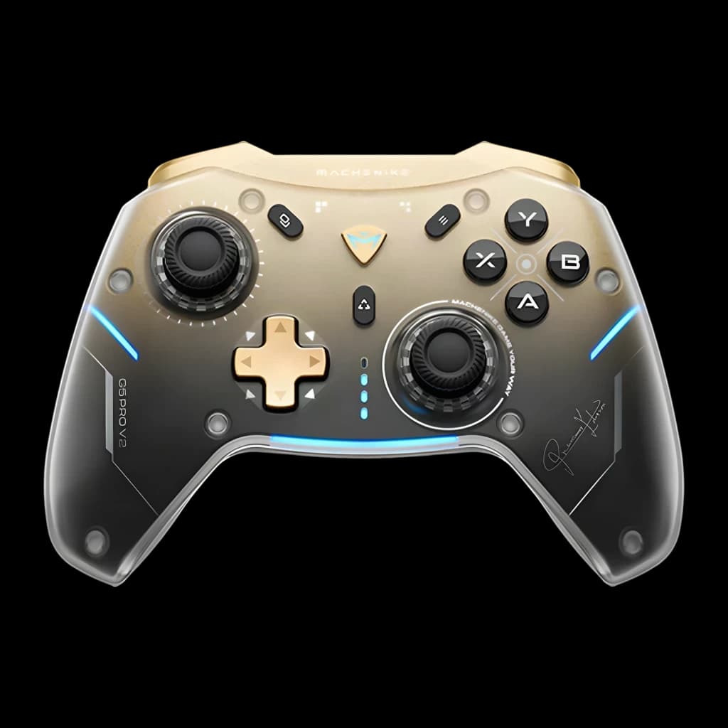 Mando Machenike G5 Pro V2 Negro inalámbrico con carcasa translúcida dorada, joysticks analógicos, cruceta dorada, botones ABXY y luces LED azules